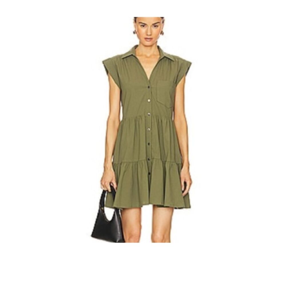 Veronica Beard Trisha Mini Dress Seersucker Tiered Stone Army Green Small